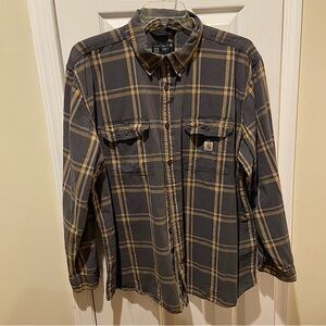 Carhartt Gray and Yellow Plaid Shirt Loose Fit Mens 2XL Long Sleeve Workwear